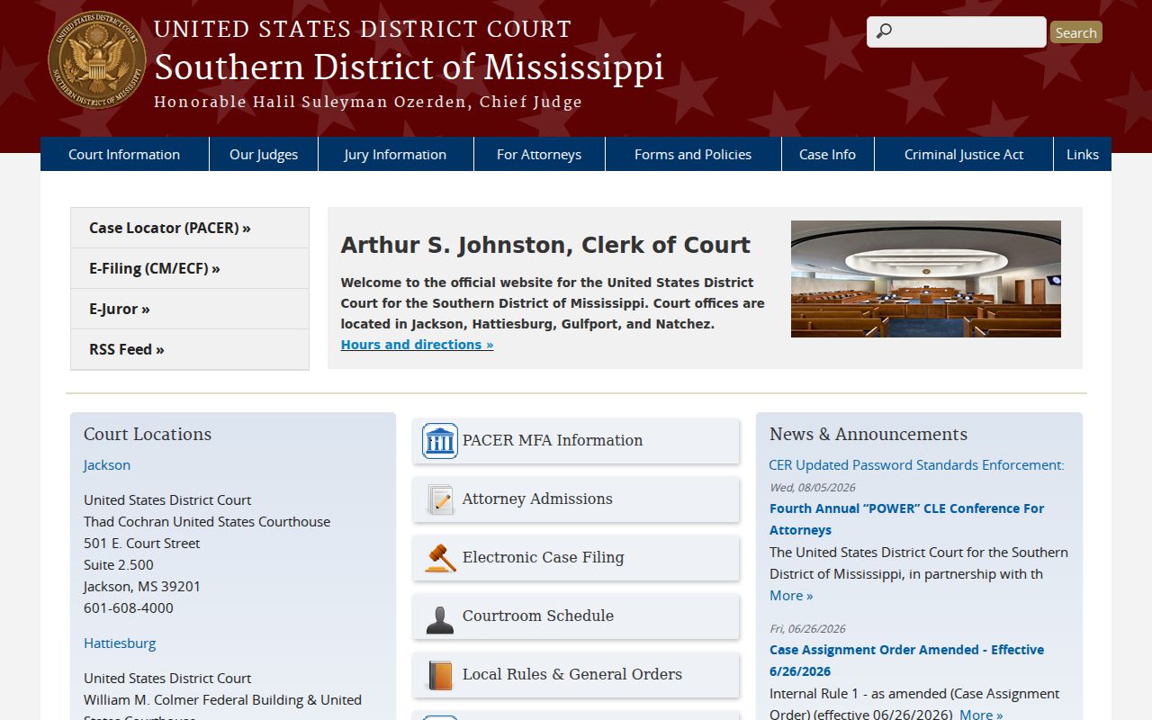 Noxubee County case lookup Southern District of Mississippi court website