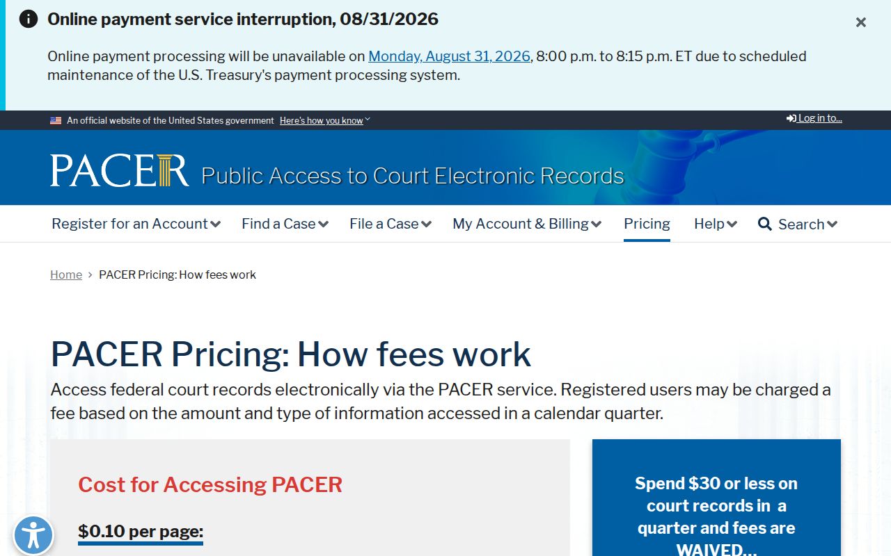 Noxubee County case lookup PACER pricing information