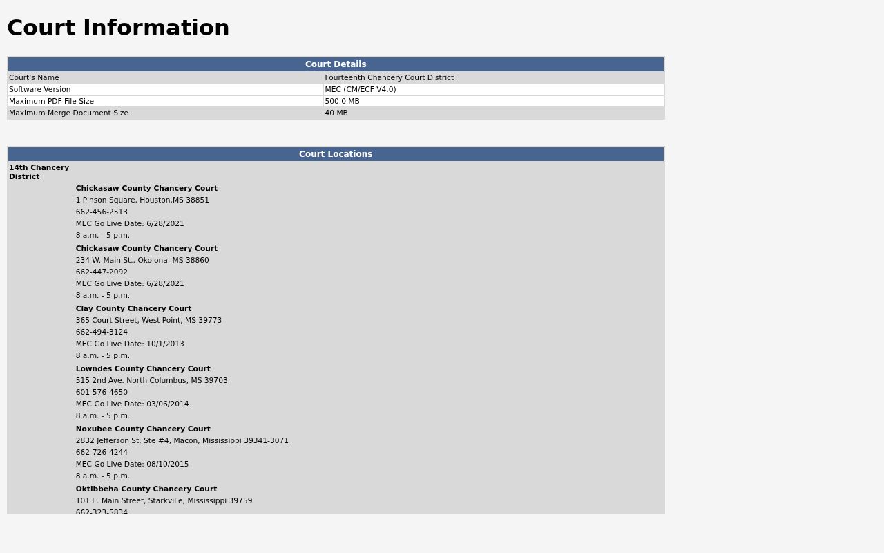 Noxubee County civil docket Fourteenth Chancery CourtInfo page