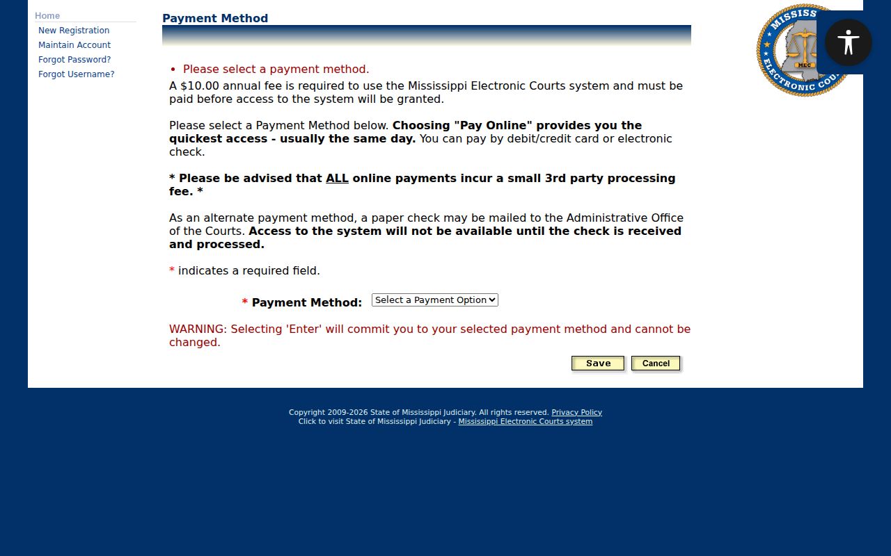 Noxubee County civil docket PAMEC payment method page