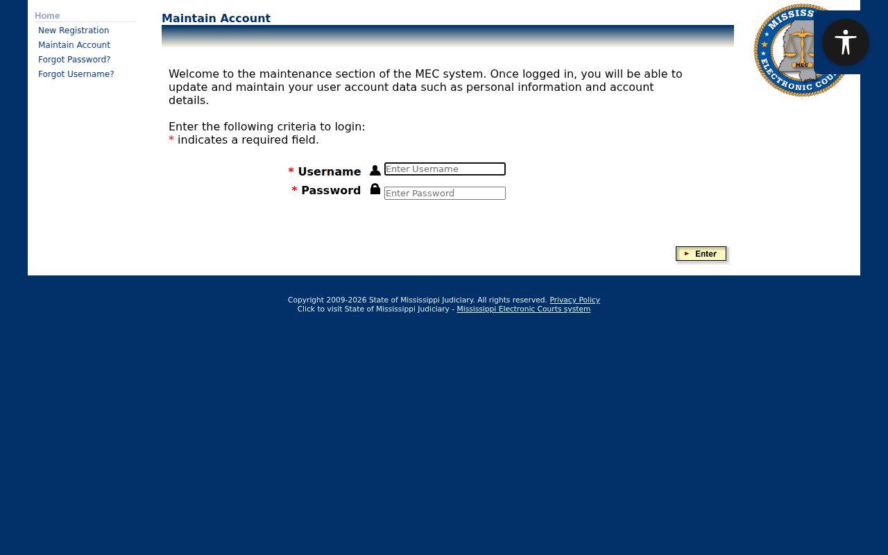 Noxubee County court calendar PAMEC login screen