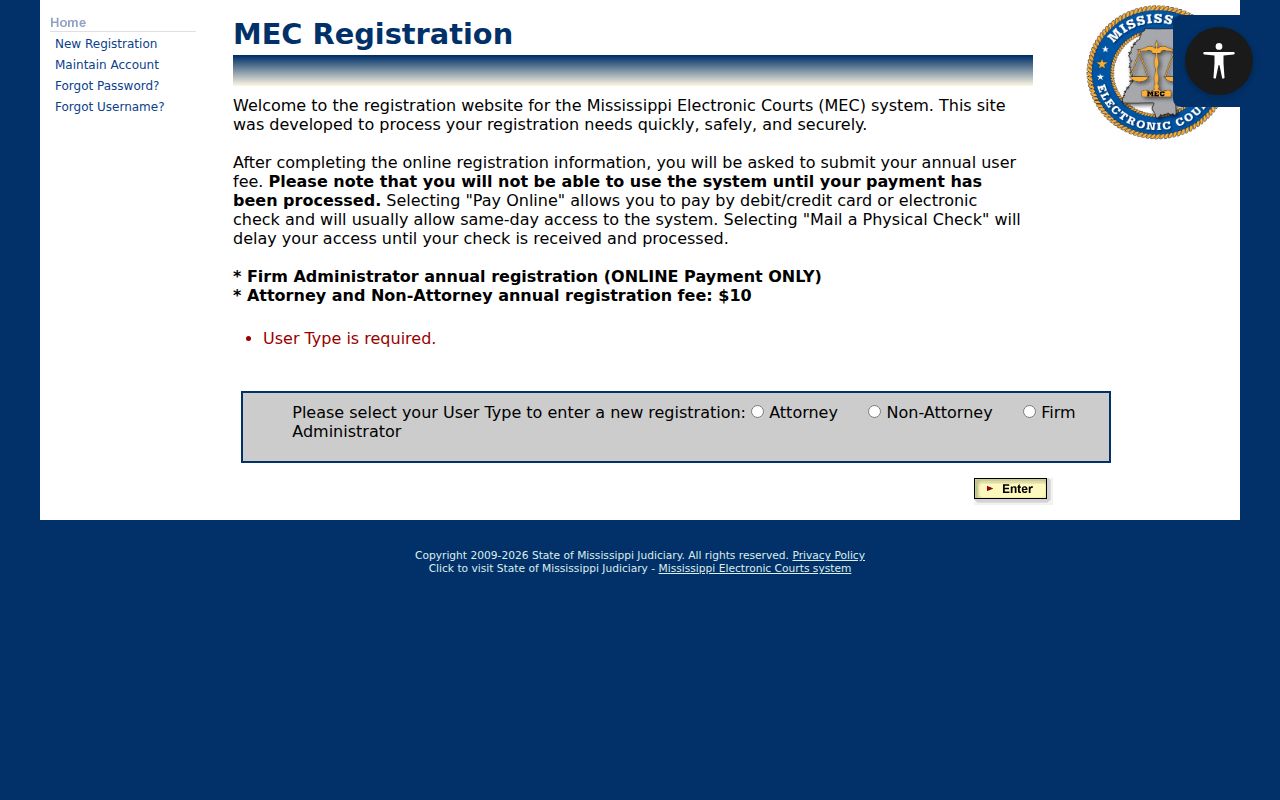 Noxubee County criminal docket PAMEC registration options