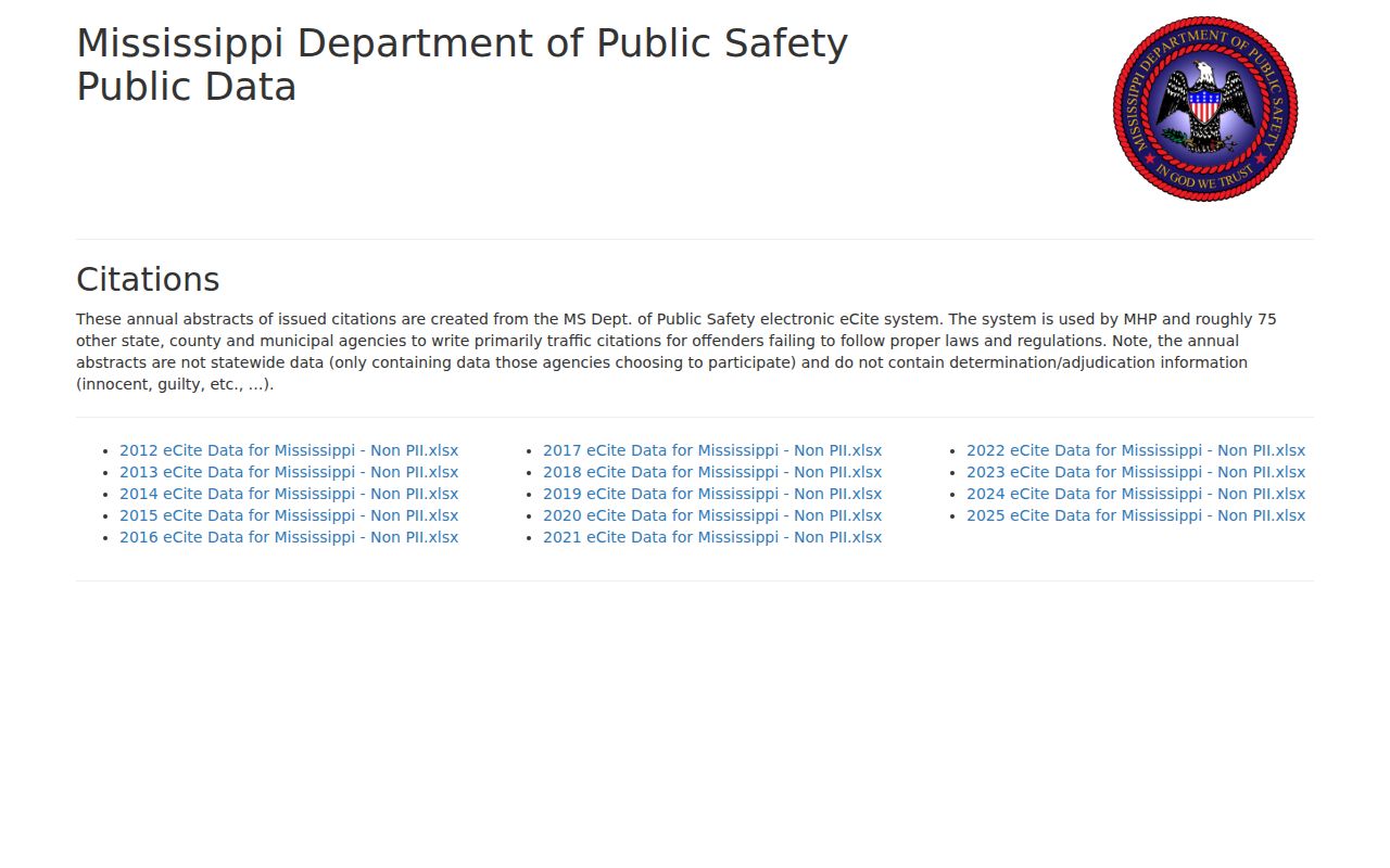 Noxubee County traffic court records Mississippi DPS public citation data page